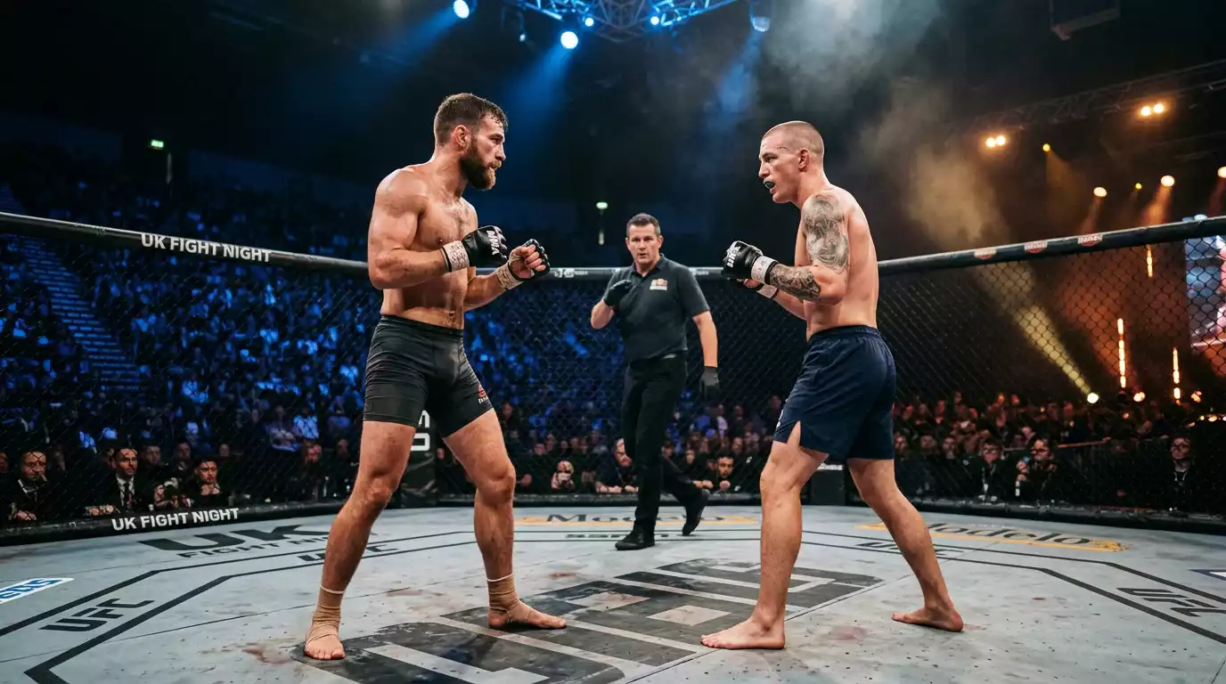 MMA fighters facing off inside an octagon cage on a UK fight night