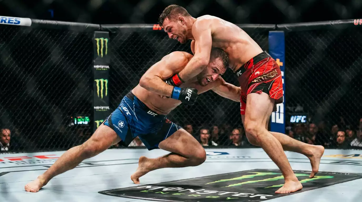 UFC fighter sprawling against a takedown attempt during a bout at a UK event