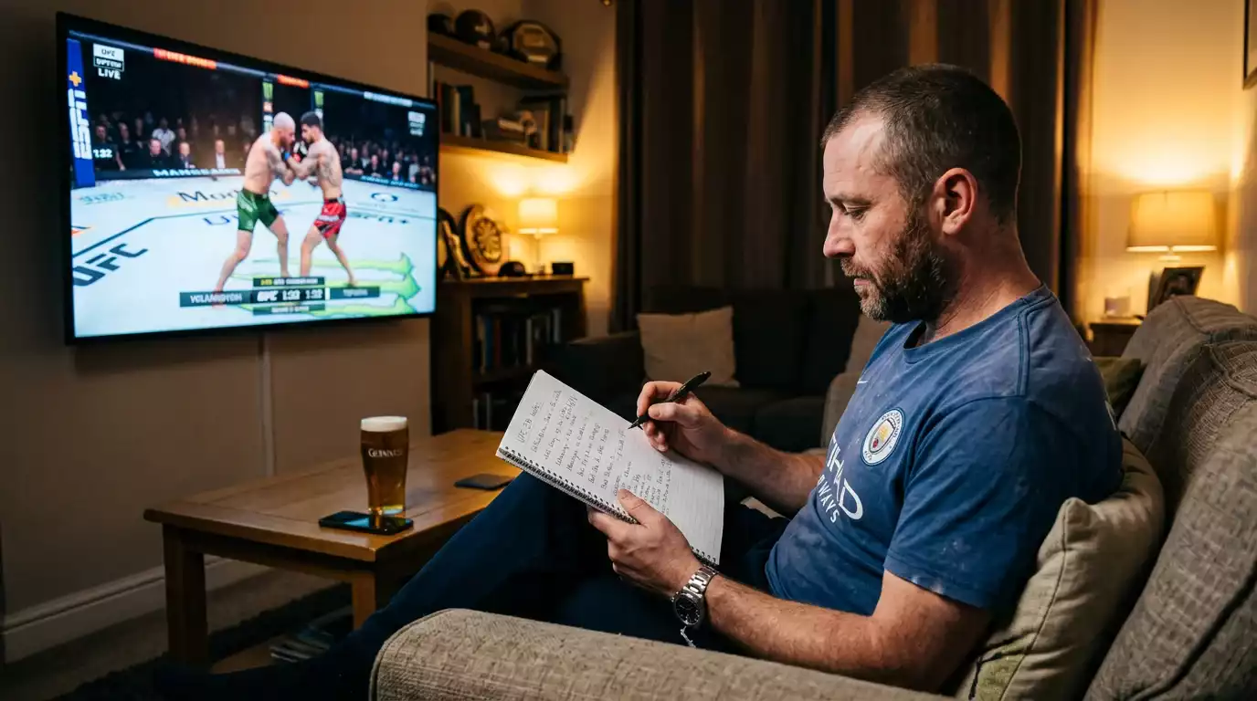 UK MMA bettor at home watching a UFC card on a laptop with a notebook beside it