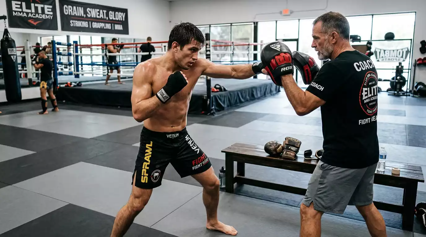 UFC fighter walking out with new corner team in a training gym setting